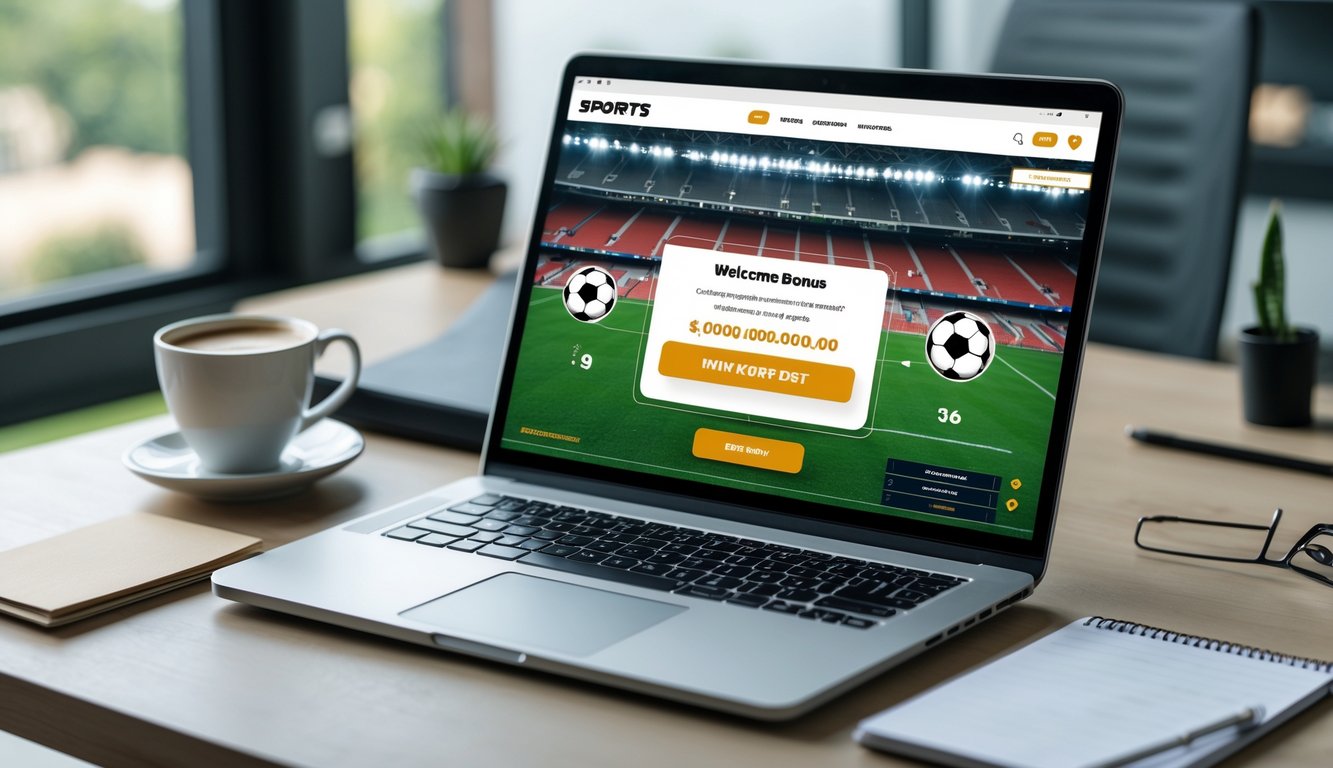 Seorang pria menggunakan laptop dan ponsel di meja kerja dengan tampilan antarmuka situs taruhan bola online di layar.