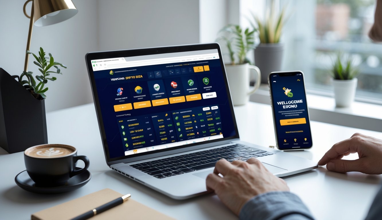 Seseorang menggunakan laptop dan ponsel di meja kerja dengan suasana terang, menunjukkan aktivitas taruhan bola online.
