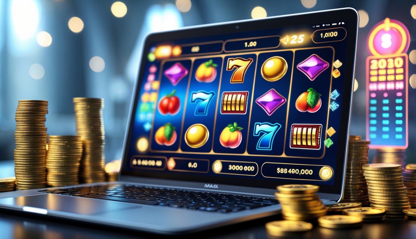 Sebuah layar komputer menampilkan permainan slot online dengan koin dan chip poker di sekitarnya.