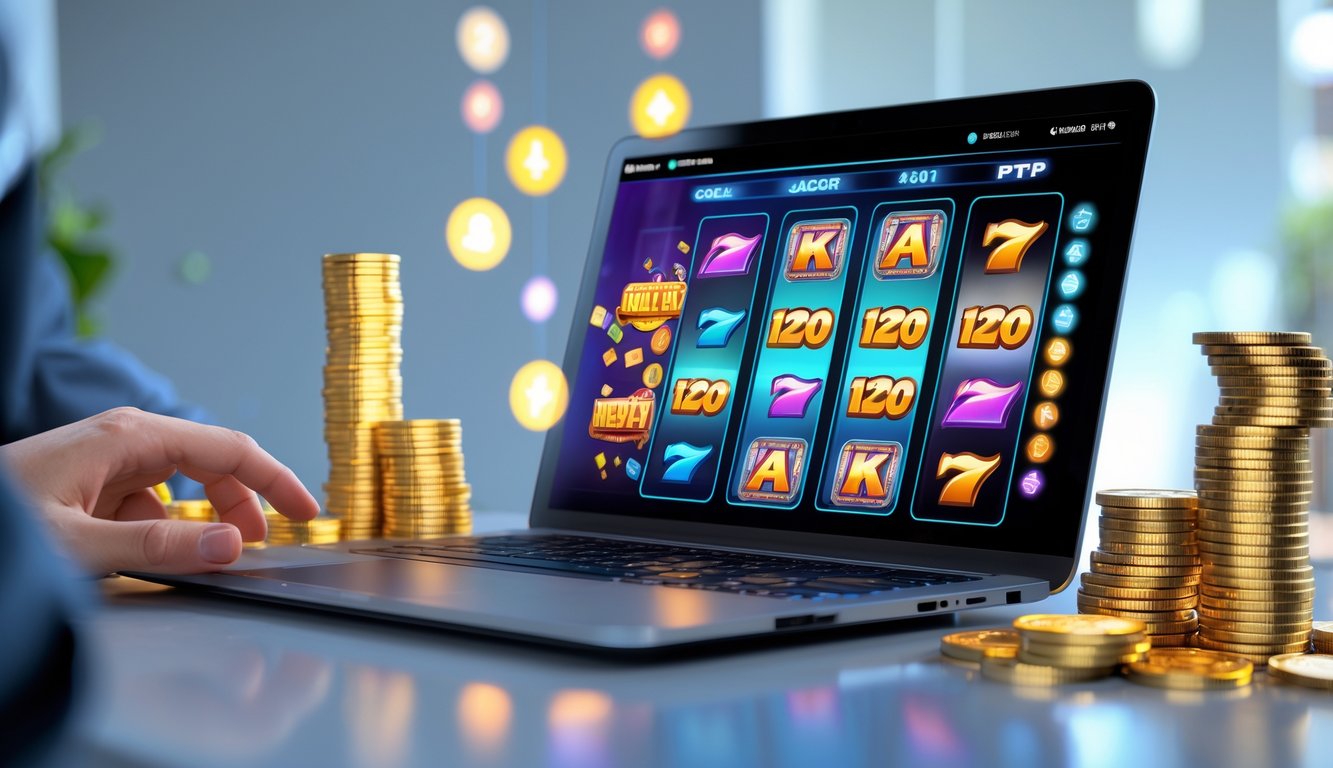 Seorang pengguna sedang bermain permainan slot online di komputer dengan tampilan layar penuh grafik slot berwarna-warni dan koin di sekitar perangkat.