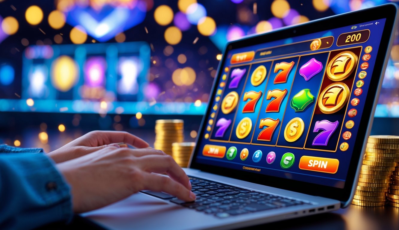 Tampilan layar komputer dengan permainan slot online berwarna-warni dan tangan seseorang sedang berinteraksi dengan perangkat tersebut.