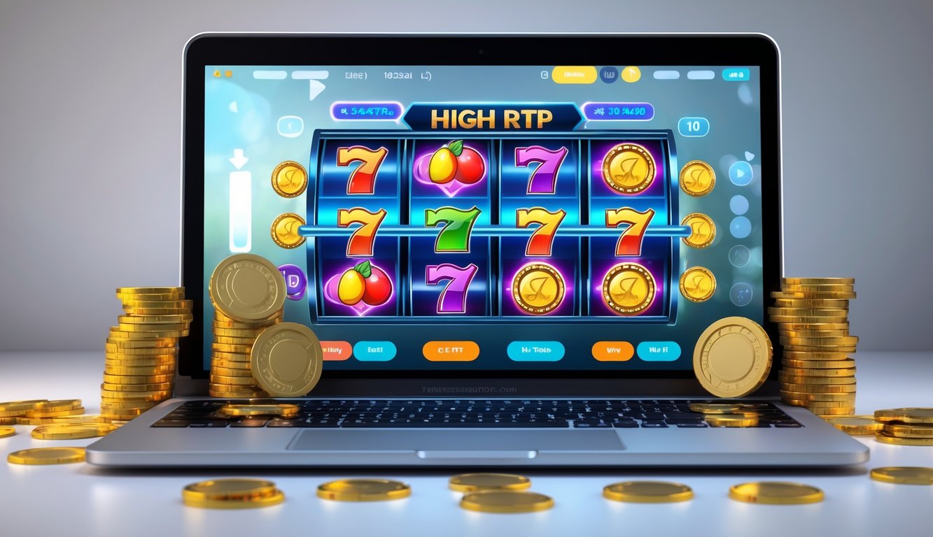 Sebuah laptop menampilkan permainan slot online dengan simbol buah dan koin emas, dikelilingi tumpukan chip poker dan kartu bermain.