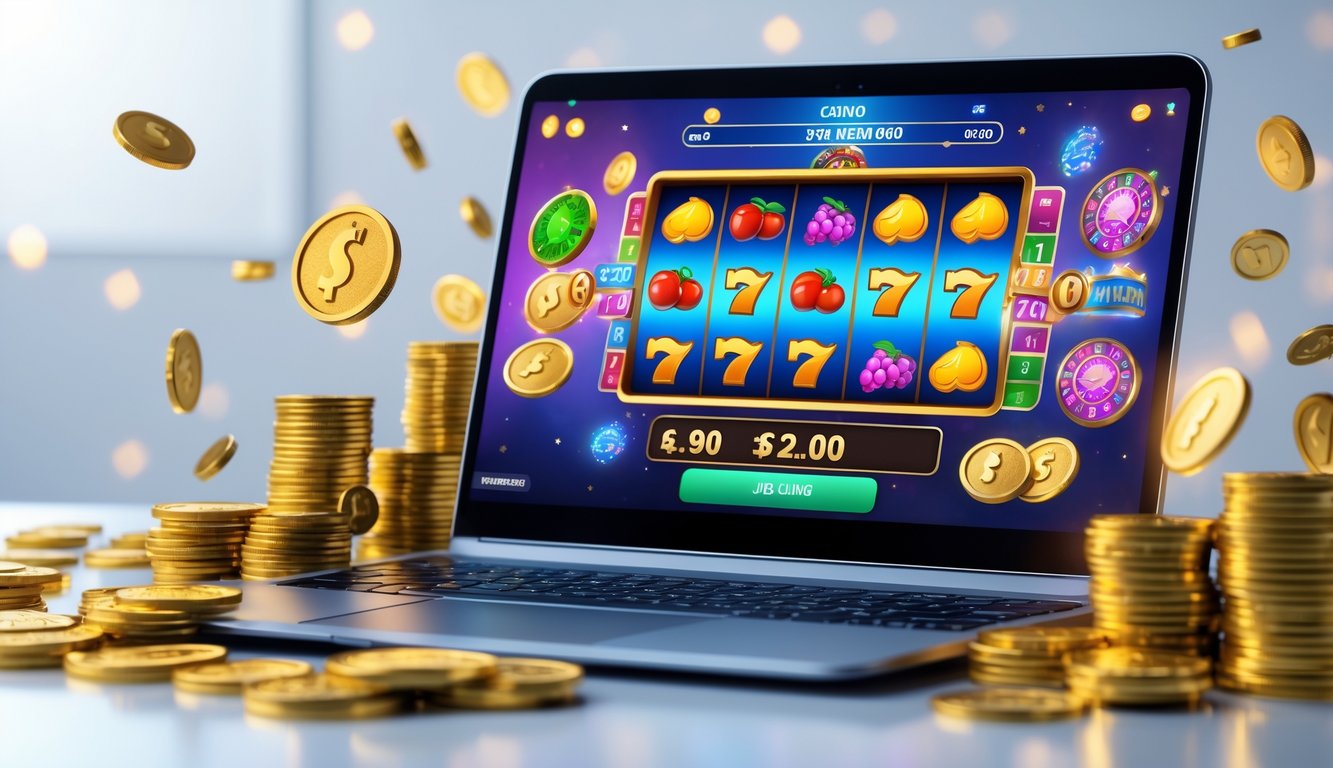 Seseorang menggunakan laptop dengan tampilan permainan slot online yang berwarna-warni, dikelilingi oleh tumpukan chip kasino dan koin emas.