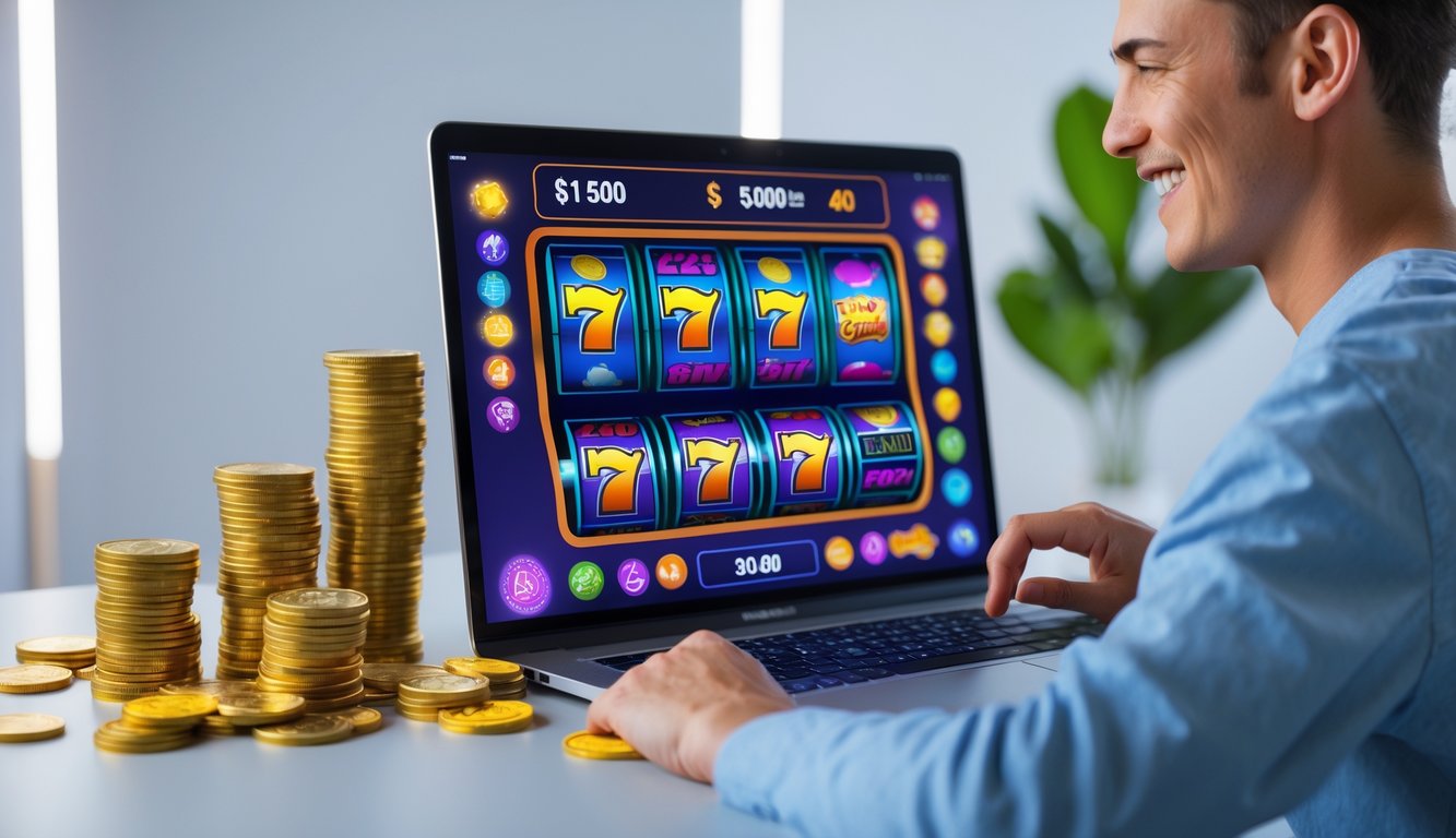 Seorang pemain muda yang santai menggunakan komputer dengan tampilan permainan slot online berwarna cerah dan tumpukan koin di sekitarnya.