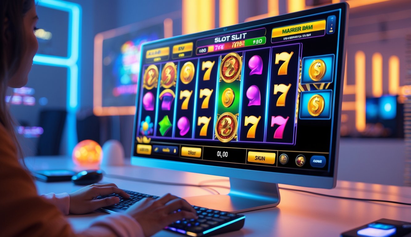 Layar komputer menampilkan permainan slot online dengan simbol warna-warni dan tangan seseorang sedang bermain di ruangan yang terang dan modern.