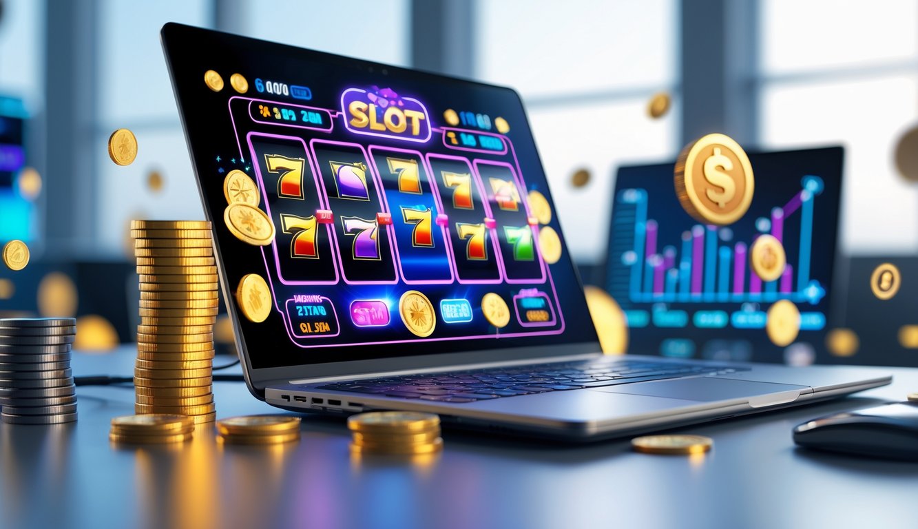 Seorang pengguna sedang bermain mesin slot online di komputer dengan grafik warna-warni dan latar belakang futuristik yang menunjukkan suasana kemenangan dan teknologi modern.