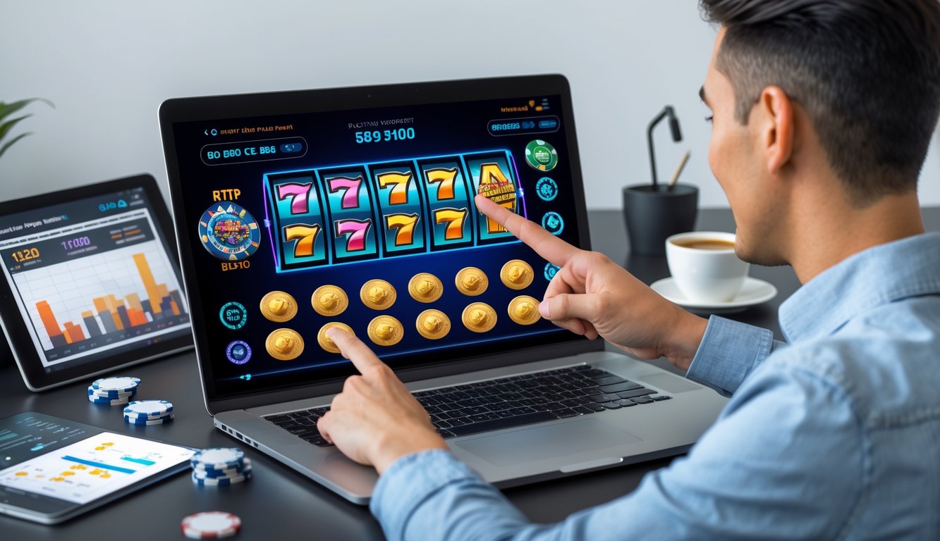 Seseorang sedang menggunakan laptop dengan permainan slot online di layar, duduk di meja kerja dengan grafik dan chip poker di sekitarnya.