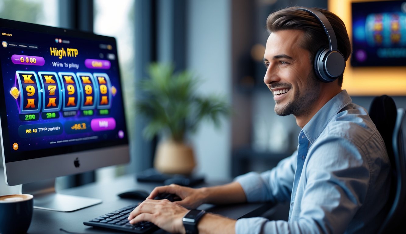 Seorang pemain dewasa sedang bermain game slot online di laptop di lingkungan rumah yang nyaman.