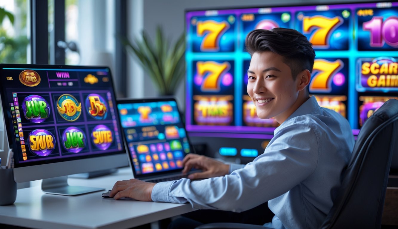 Seorang dewasa muda duduk di depan layar komputer dan ponsel dengan tampilan permainan slot online yang berwarna-warni di ruangan modern.