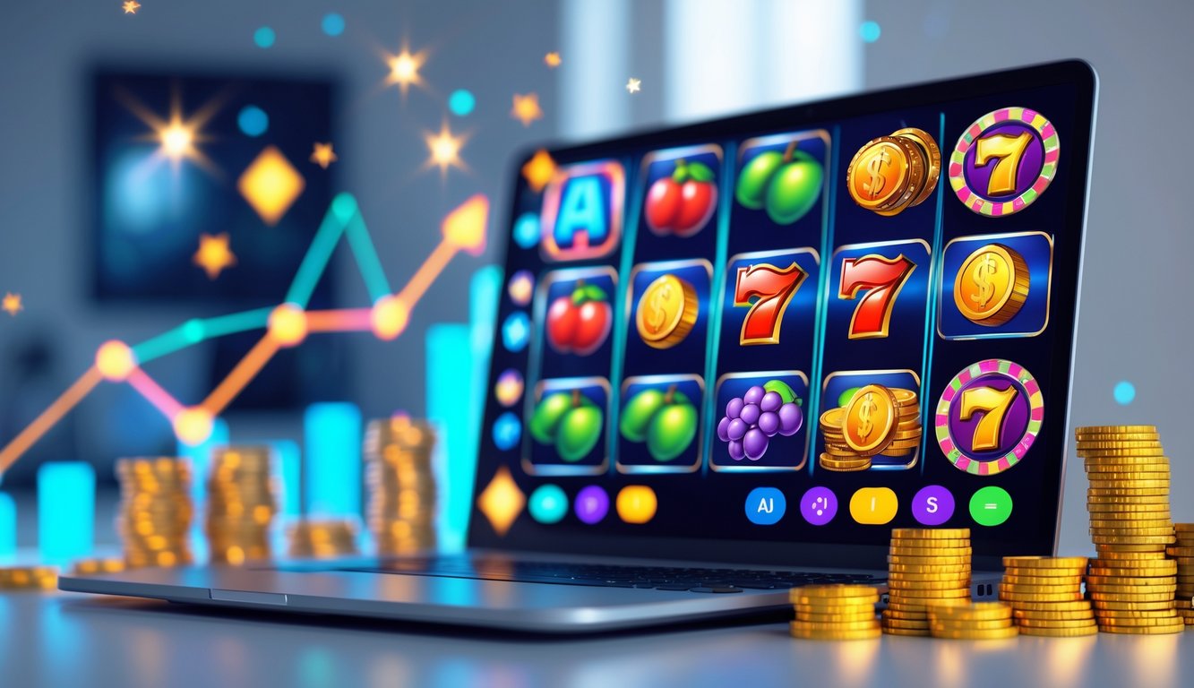 Layar komputer menampilkan permainan slot online dengan simbol warna-warni dan tumpukan chip kasino di sekitarnya.