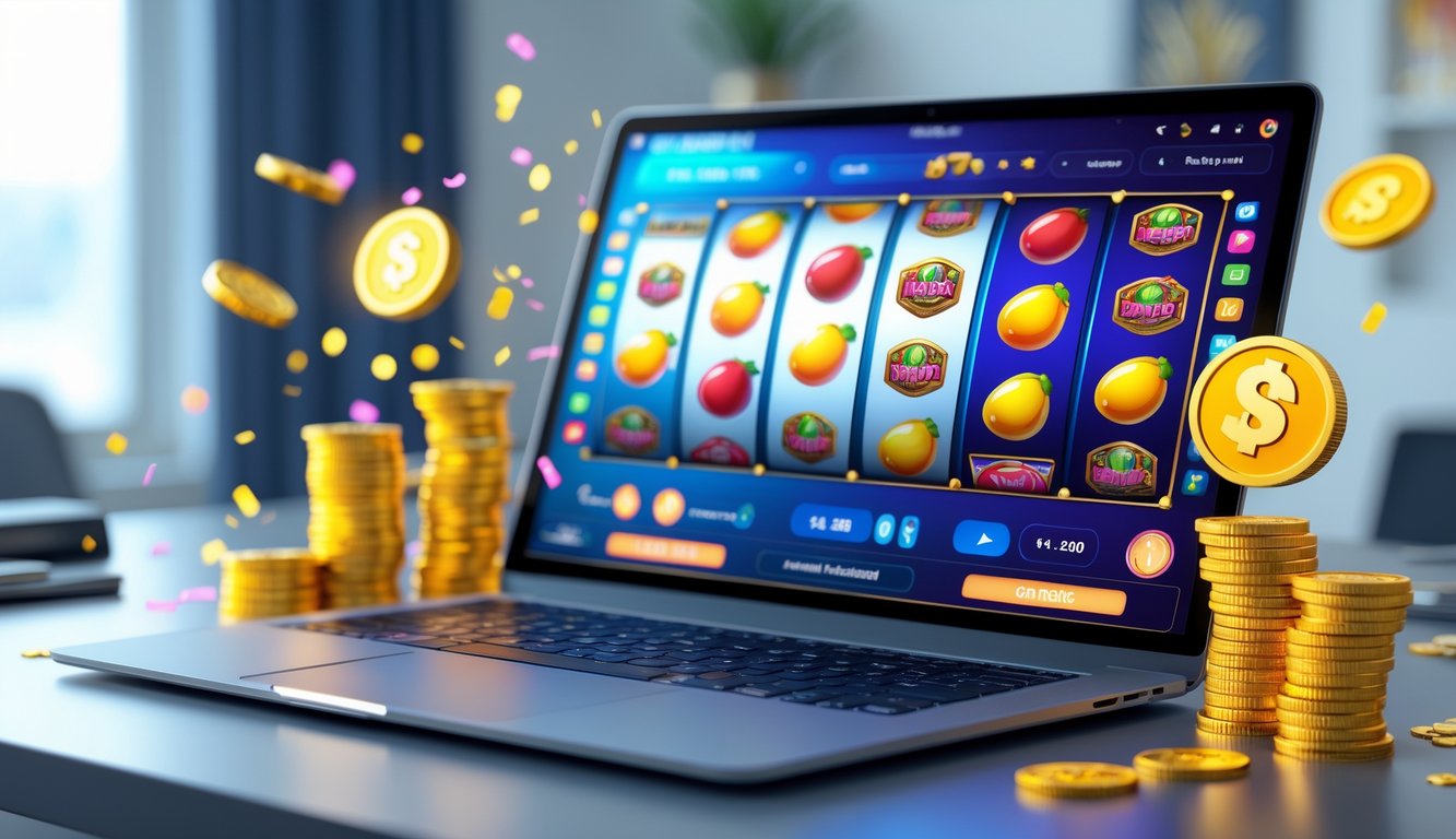 Seorang pengguna sedang bermain permainan slot online di komputer dengan tampilan layar penuh simbol kemenangan dan koin jackpot di meja kerja yang rapi.
