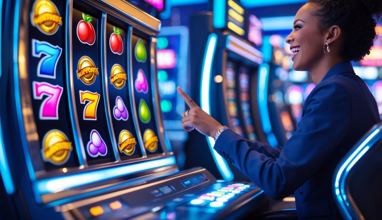 Seorang pemain yang bahagia menggunakan perangkat digital untuk bermain mesin slot online dengan latar belakang mesin slot berwarna-warni dan simbol jackpot.