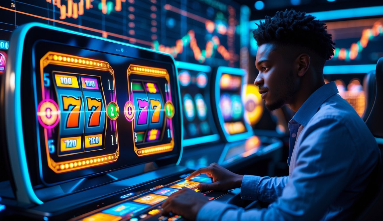 Seorang pemain fokus menggunakan layar sentuh dengan latar belakang mesin slot digital dan grafik peluang menang tinggi.