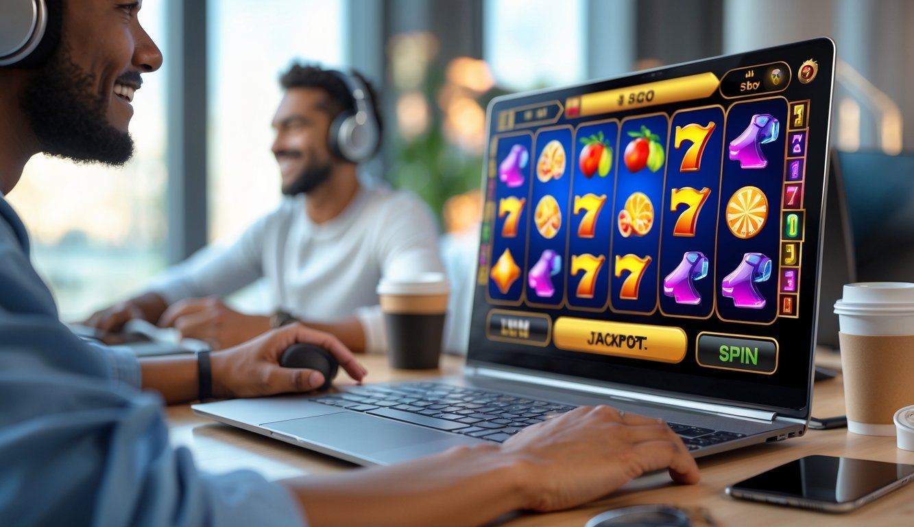 Seorang pemain sedang menggunakan komputer dengan tampilan permainan slot online yang berwarna-warni di layar, di meja yang rapi dengan beberapa barang seperti ponsel dan cangkir kopi.