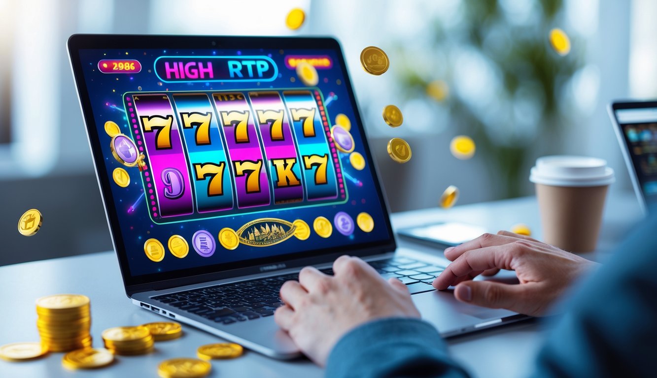 Seorang pemain sedang menggunakan laptop dengan layar menampilkan permainan slot online yang berwarna-warni dan menarik, di meja terdapat cangkir kopi dan ponsel.