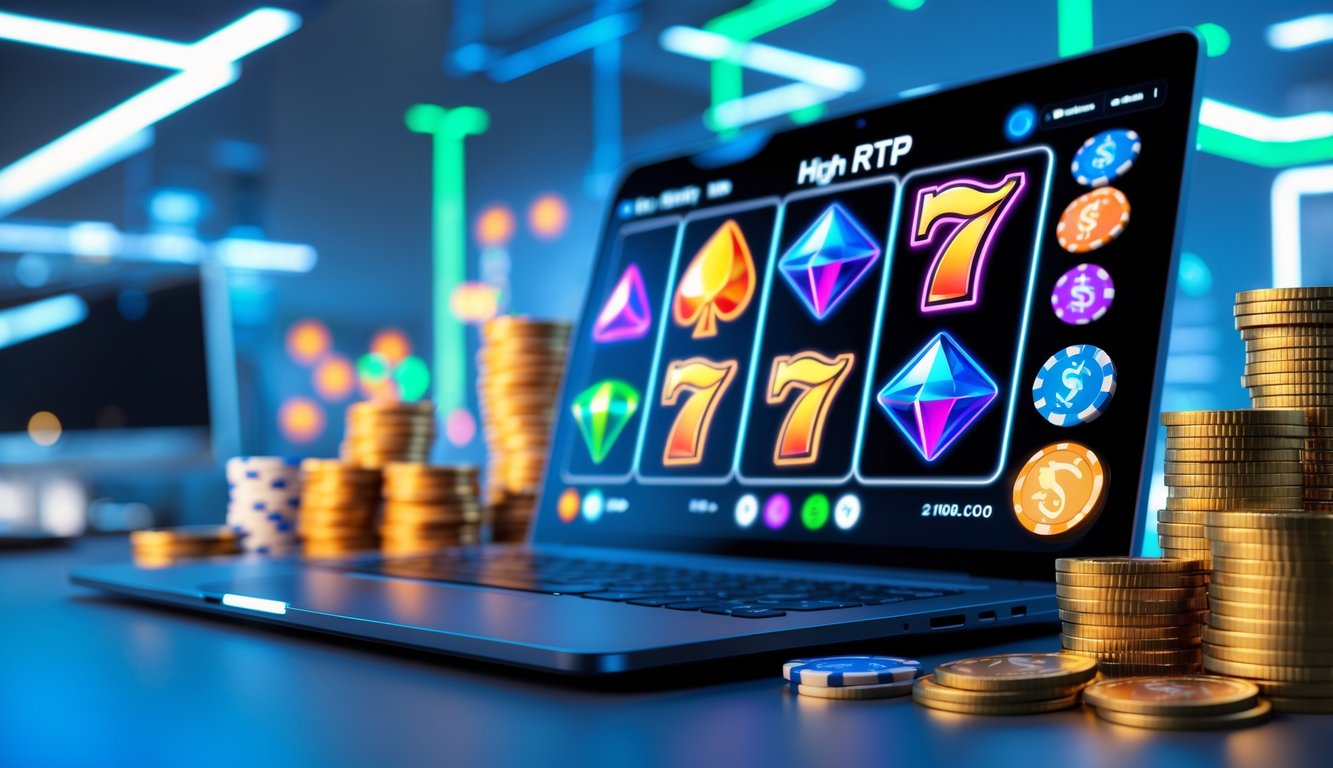Seorang pengguna bermain game slot online di komputer dengan tumpukan koin dan chip di sekitarnya.