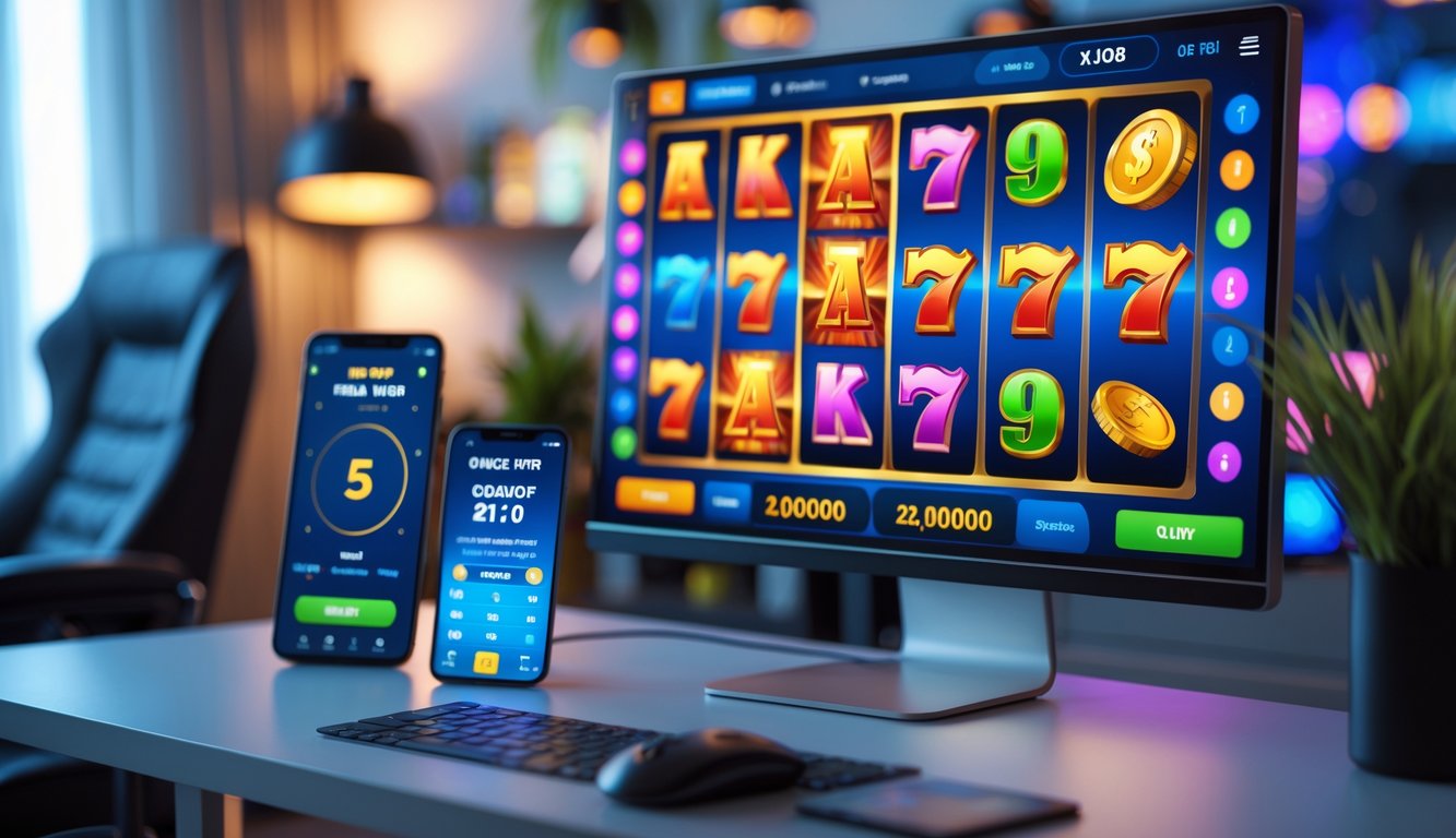 Sebuah layar komputer menampilkan permainan slot online dengan simbol warna-warni, di meja kerja yang rapi dan pencahayaan hangat, dengan ponsel di samping yang menunjukkan notifikasi pembayaran cepat.