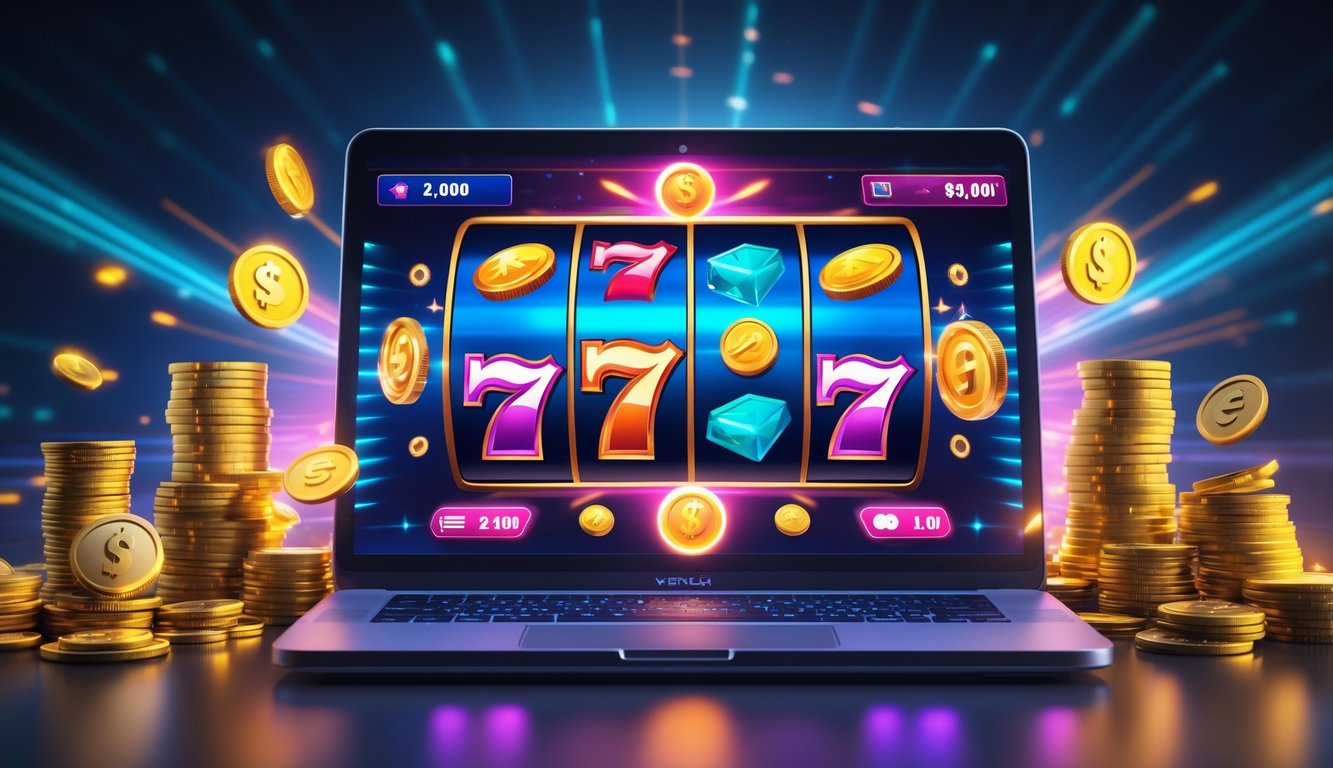 Layar komputer menampilkan permainan slot online dengan simbol warna-warni, dikelilingi tumpukan uang dan koin, menggambarkan kemenangan cepat dan permainan slot online populer.