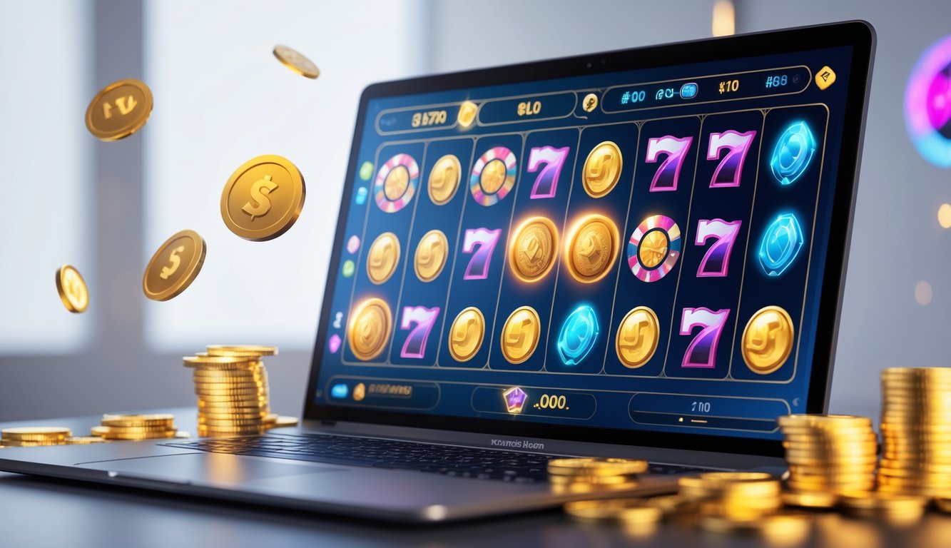 Seorang pengguna sedang bermain mesin slot online di komputer dengan koin digital dan simbol kemenangan di layar.