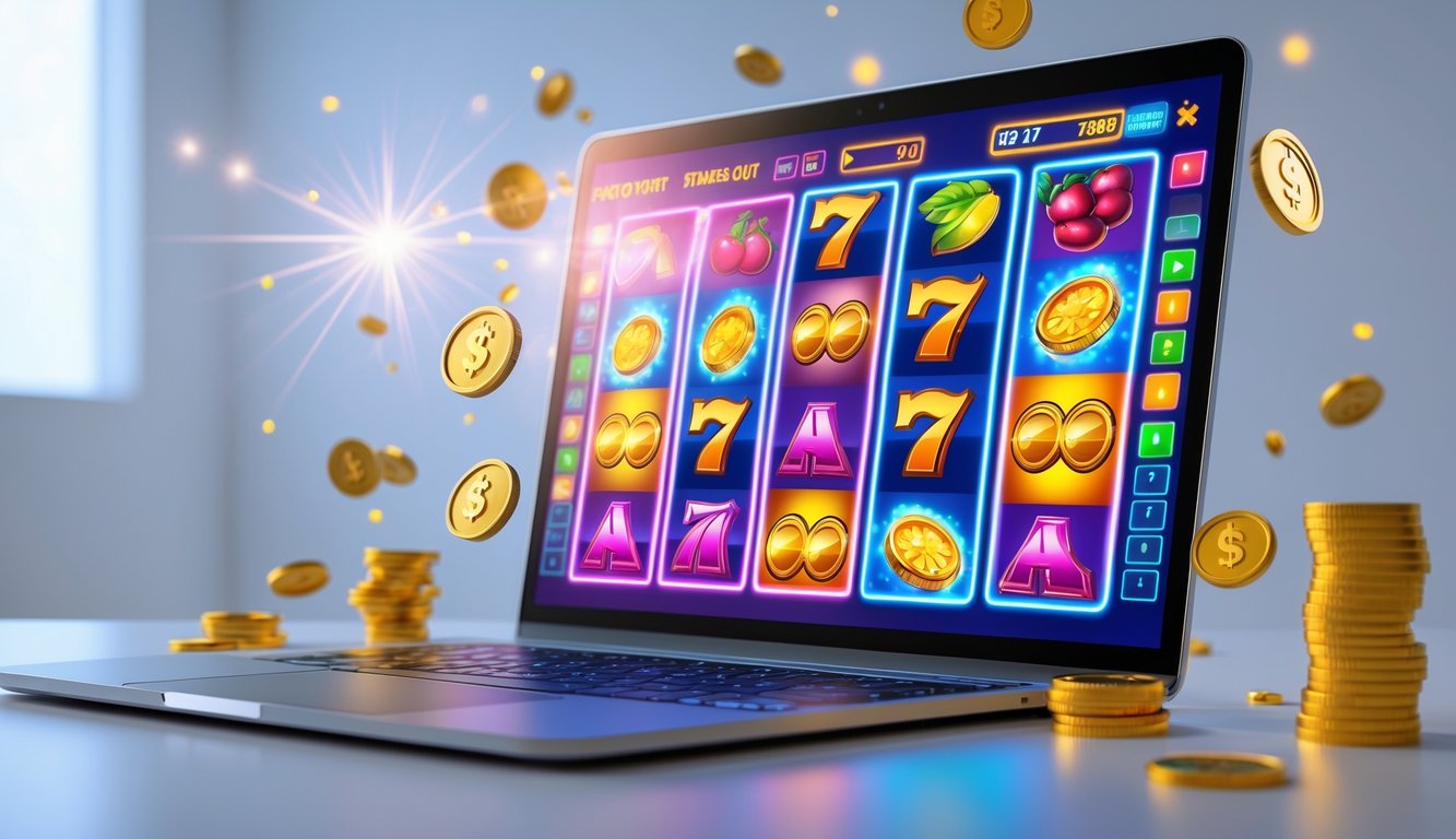 Seorang pemain sedang bermain mesin slot online di depan komputer dengan grafik permainan yang berwarna-warni dan koin digital yang berkilauan.