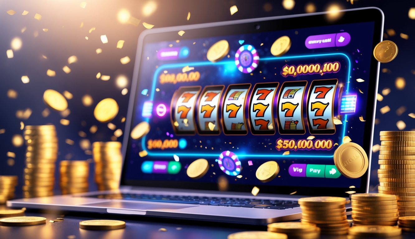 Layar komputer menampilkan permainan slot online dengan koin emas dan chip kasino di sekitarnya.