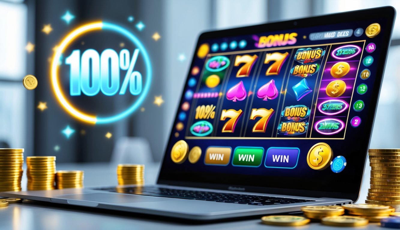 Seorang pria menggunakan laptop dengan tampilan permainan slot online yang berwarna-warni, dikelilingi koin emas dan chip poker di meja kerja.
