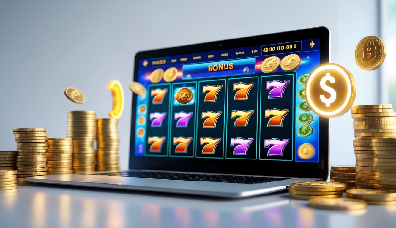 Seorang pengguna komputer dengan layar menampilkan permainan slot online yang penuh warna dan koin di sekitarnya.