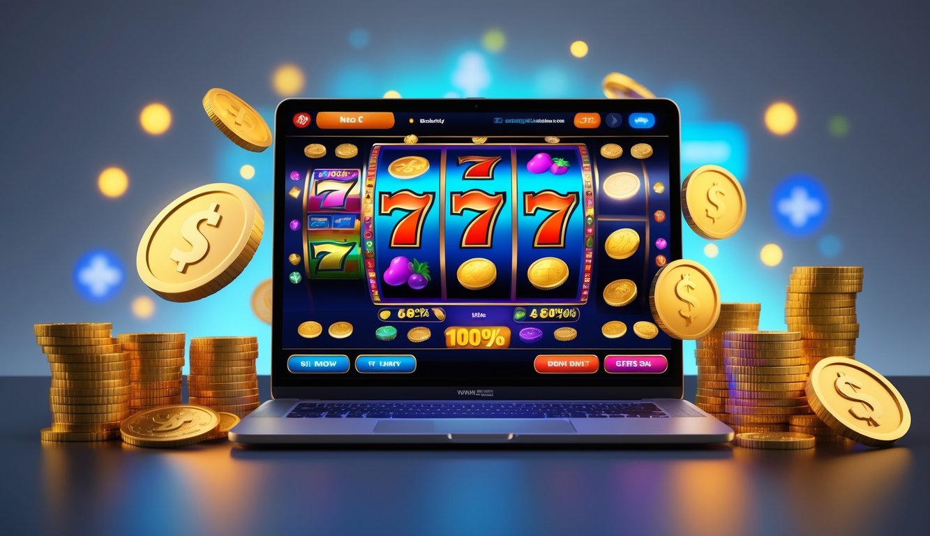 Sebuah setup komputer modern menampilkan permainan slot online dengan koin emas dan tumpukan chip kasino di sekitarnya.