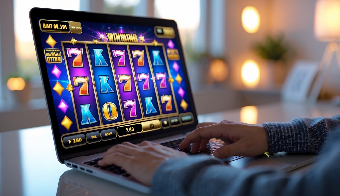Seseorang bermain mesin slot online di laptop di meja kerja dengan latar belakang kantor rumah yang nyaman.