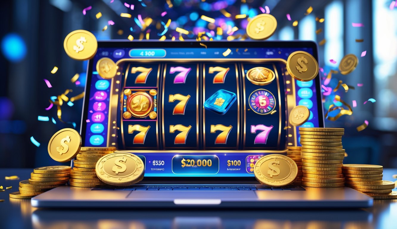 Seseorang menggunakan laptop dengan layar menampilkan permainan slot online yang berwarna-warni dan simbol jackpot, dikelilingi oleh koin emas dan efek cahaya.