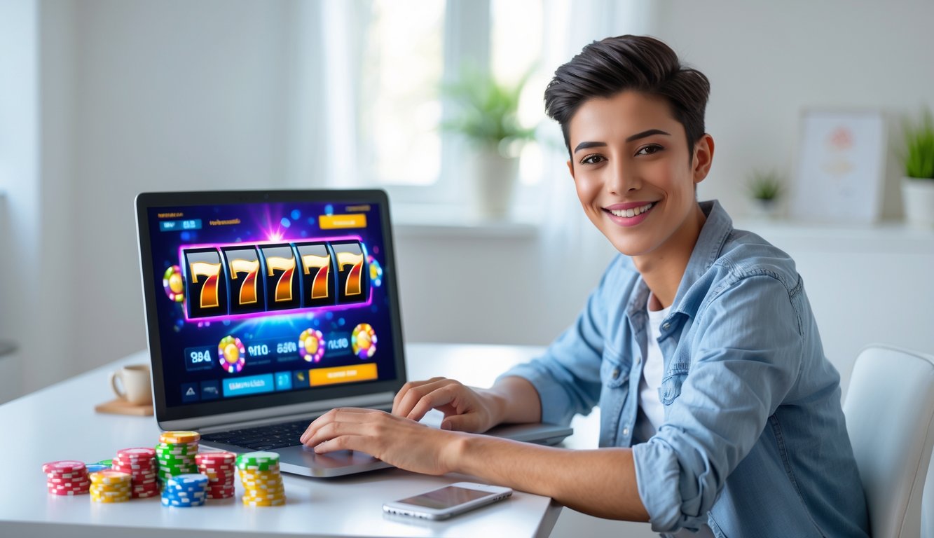 Seorang dewasa muda duduk di meja dengan laptop yang menampilkan permainan slot online, tersenyum dan fokus, di ruangan yang terang dan rapi.