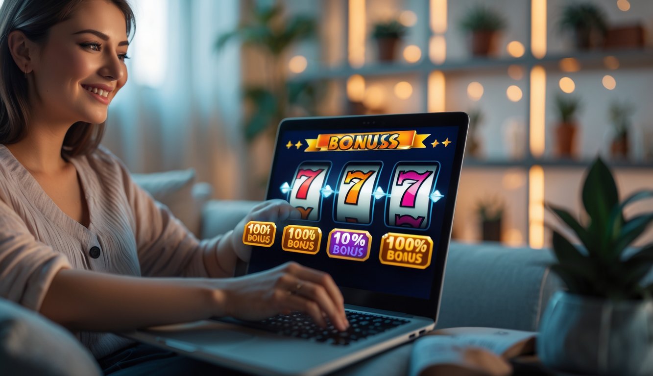 Seorang dewasa muda sedang bermain slot online dengan laptop di ruang tamu yang nyaman, tampak senang dan fokus.