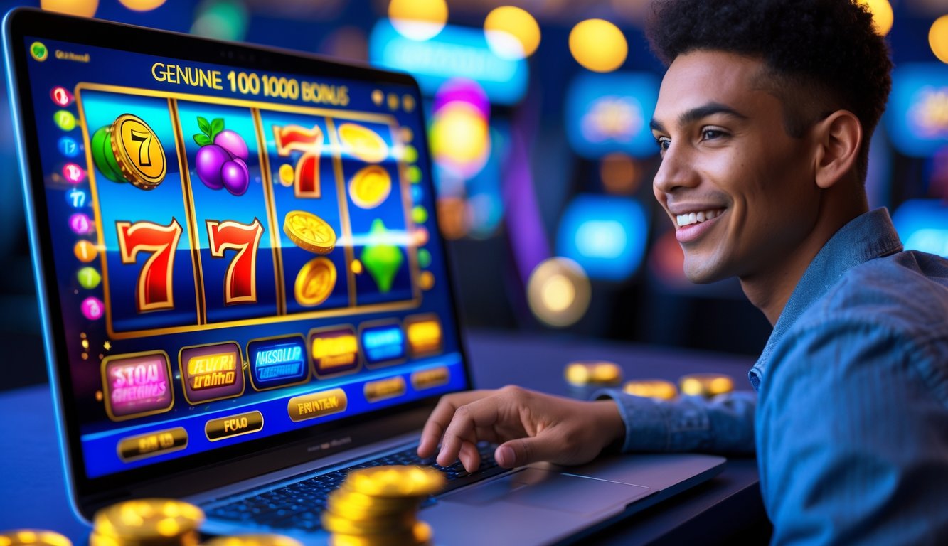 Seseorang menggunakan laptop atau ponsel dengan tampilan permainan slot online yang berwarna-warni dan dinamis.