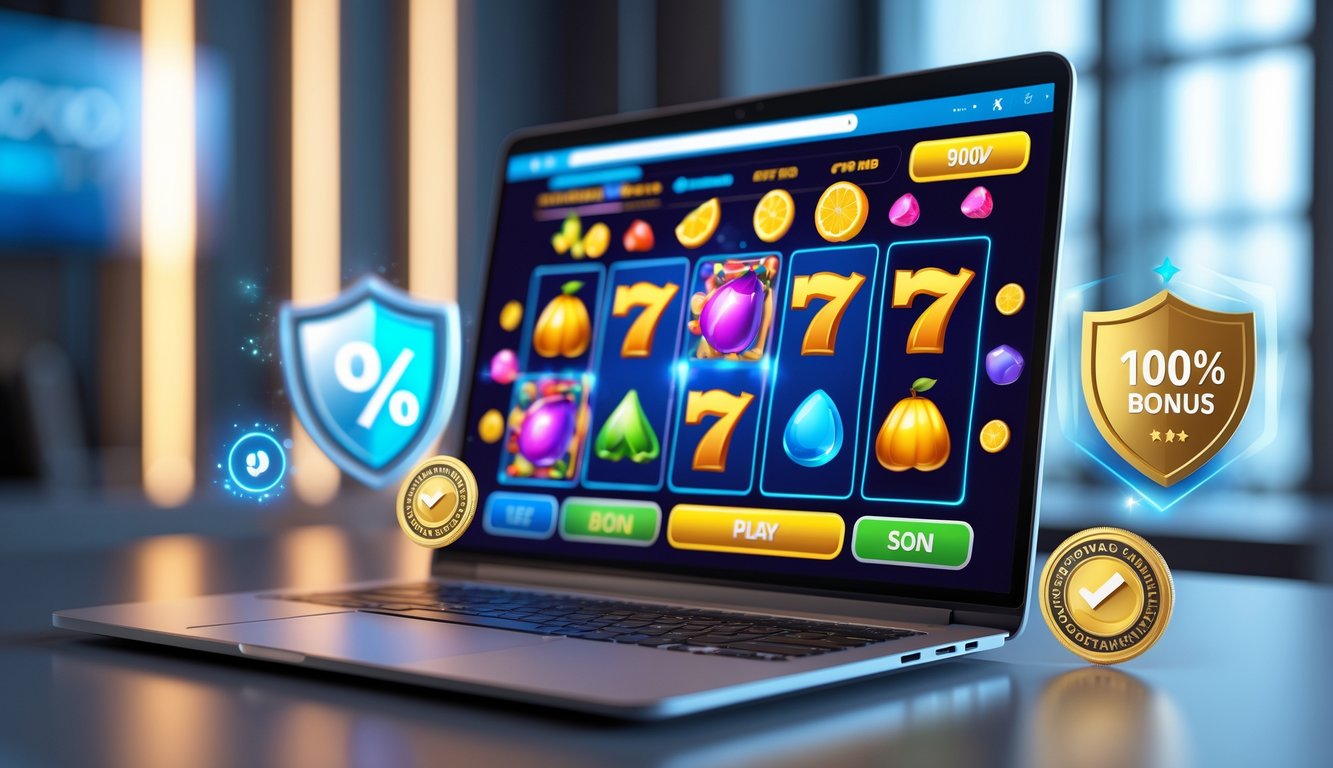 Seorang pengguna bermain mesin slot online di komputer dengan simbol buah dan jackpot, dikelilingi ikon keamanan dan bonus 100 persen.