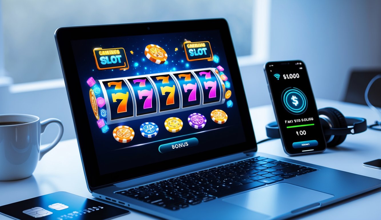 Setup permainan slot online dengan laptop dan ponsel di atas meja bersih, menunjukkan suasana cepat dan aman untuk deposit dan bonus.