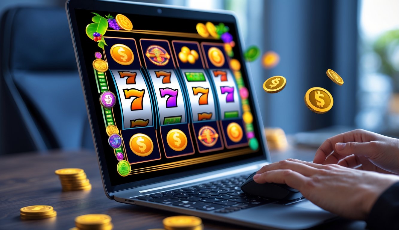 Seseorang menggunakan komputer dengan layar menampilkan permainan slot online berwarna-warni di lingkungan rumah atau kantor yang terang.