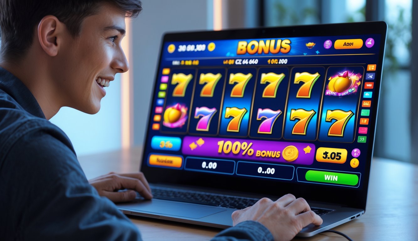Seseorang sedang bermain permainan slot online di komputer dengan latar belakang ruangan modern.
