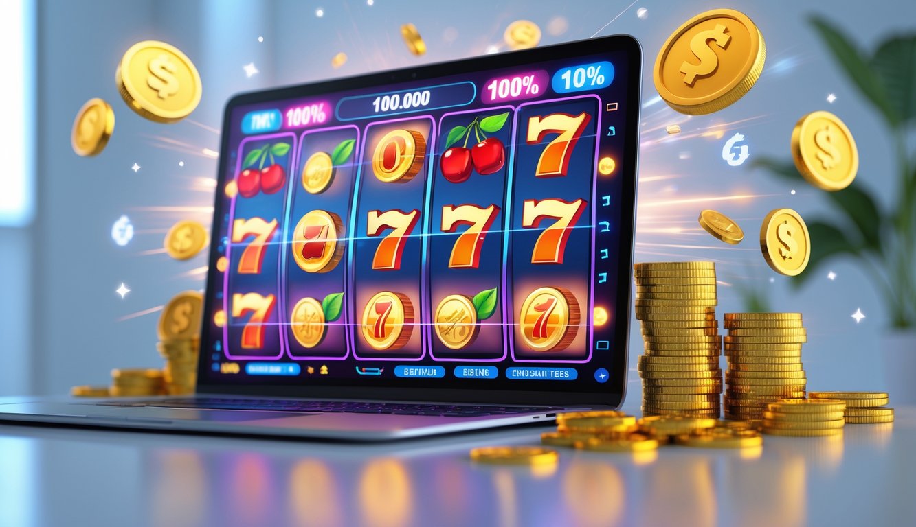 Sebuah komputer menampilkan permainan slot online dengan simbol warna-warni dan koin digital di sekitarnya.