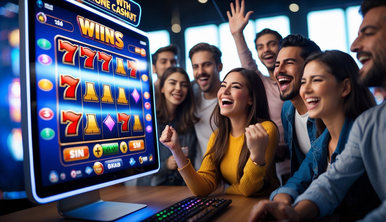 Sekelompok orang muda yang sedang merayakan kemenangan di depan layar komputer dengan permainan slot online yang berwarna-warni.