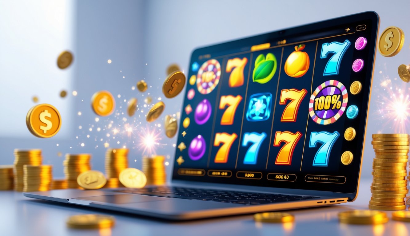 Layar perangkat digital menampilkan permainan slot online berwarna cerah dengan simbol buah dan koin bersinar di sekitarnya.