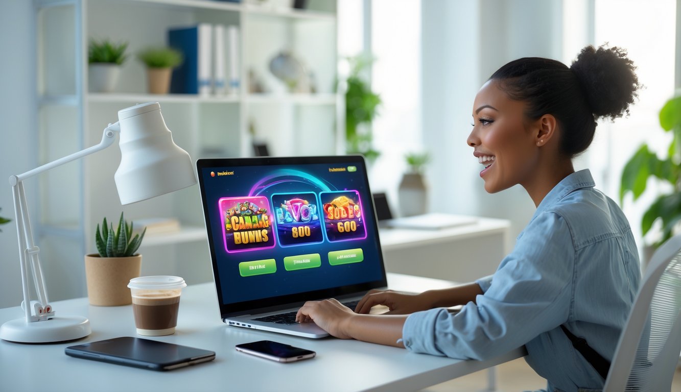 Seorang wanita muda duduk di meja kerja menggunakan laptop dengan ekspresi antusias di ruang kerja rumah yang terang dan rapi.