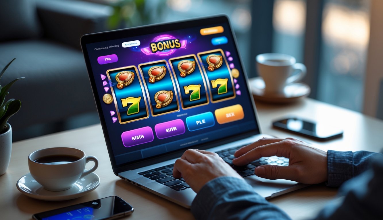 Tangan seseorang menggunakan laptop dengan tampilan permainan slot online di meja kerja yang rapi.