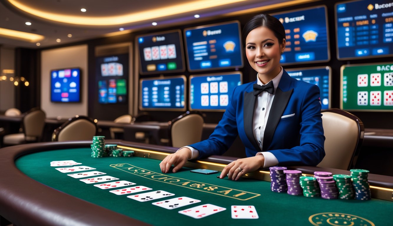 Seorang dealer nyata sedang mengatur kartu di meja baccarat dengan suasana kasino yang modern dan pencahayaan yang hangat.