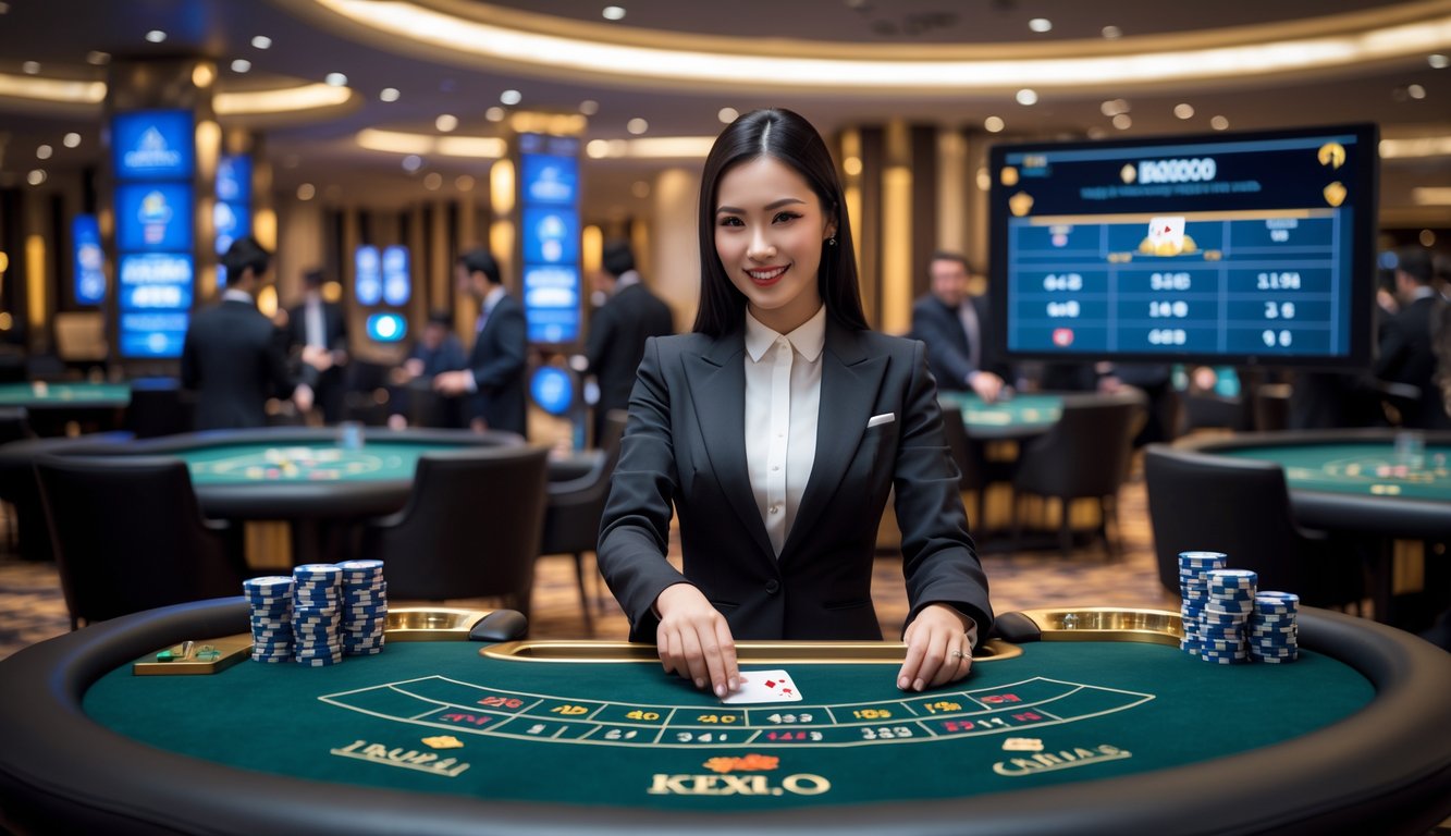 Seorang dealer wanita profesional sedang membagikan kartu di meja baccarat dengan beberapa meja dan pemain lain di latar belakang dalam suasana kasino yang terang dan sibuk.