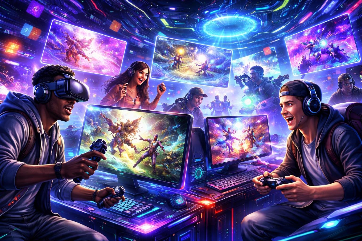 Beberapa pemain sedang asyik bermain berbagai jenis game online dengan latar belakang teknologi futuristik dan elemen digital yang berwarna-warni.