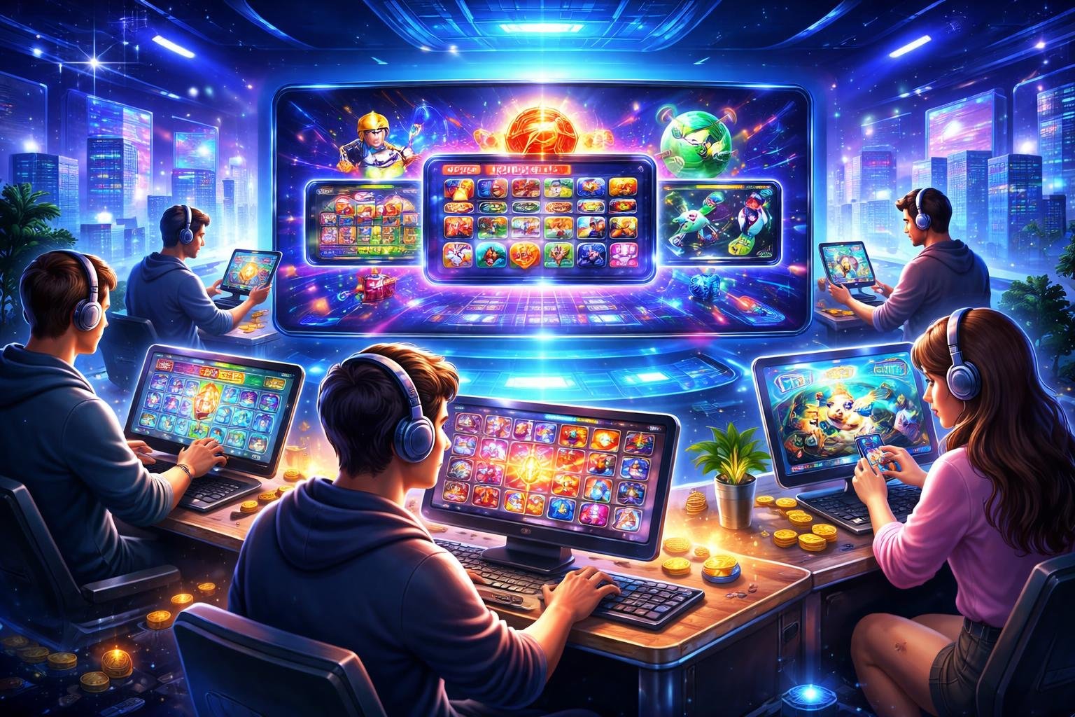 Ilustrasi orang-orang bermain game online dengan perangkat digital di latar kota futuristik dengan lampu neon.