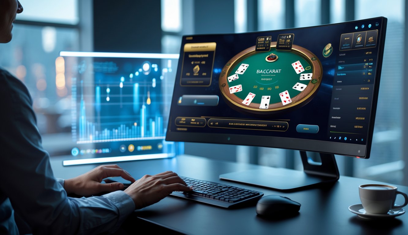 Seorang pemain sedang bermain baccarat online di depan komputer dengan tampilan permainan baccarat langsung di layar.