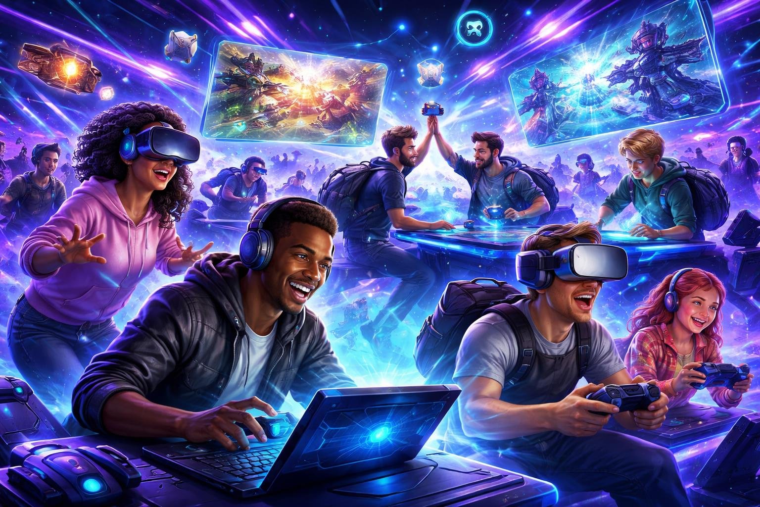 Beberapa orang bermain game online dengan perangkat futuristik di lingkungan digital yang penuh warna dan cahaya neon.