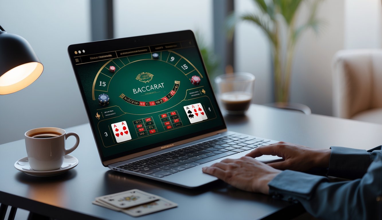 Seseorang sedang bermain baccarat online di depan komputer dengan kartu dan chip terlihat di layar.
