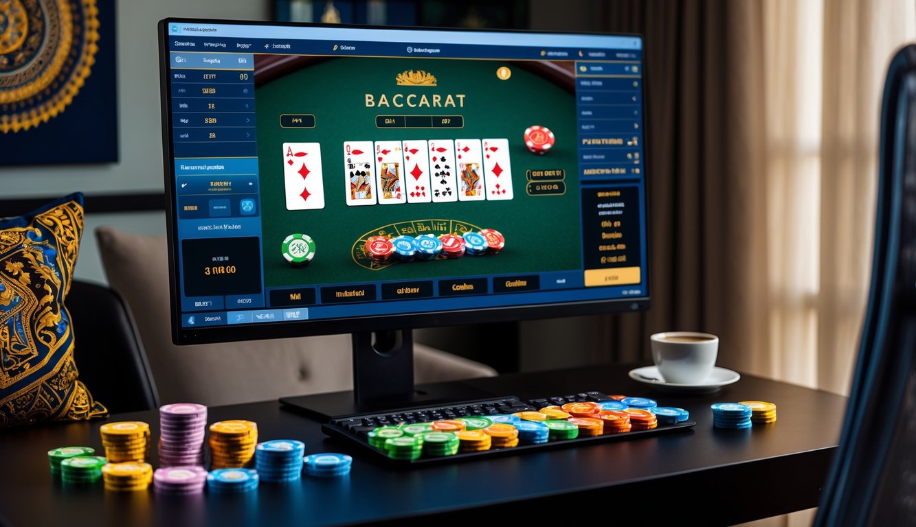 Sebuah ruangan modern dengan komputer yang menampilkan permainan baccarat online, dilengkapi chip taruhan dan elemen dekorasi Indonesia.
